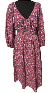 Abito donna J Crew midi tasca cotone manica lunga scollo a V taglia M rosso bacca floreale - Foto 1 di 7