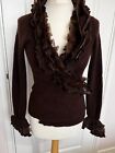 Brown Overlap Style Cardigan Wool Knit Ruffle Lace Bell Sleeve Uk10 S Made Italy