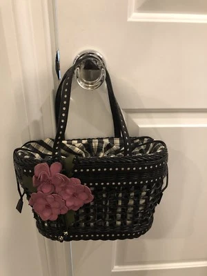 Новый винтажный редкий черный белый Gingham ISABELLA FIORE розовый замши цветок корзина сумка - Изображение 1 из 4