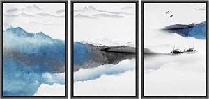 Framed Canvas Print Wall Art Set Watercolor Mountain Range Landscape 16"x24"x3 - Picture 1 of 5