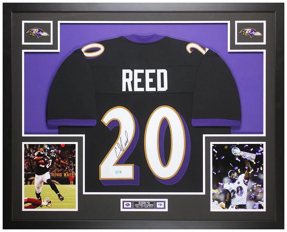 Camiseta deportiva negra autografiada y enmarcada de Ed Reed de Baltimore con certificado de autenticidad Beckett Foto 1 de 4