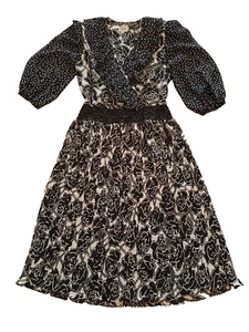 VTG Sz.6 Grandma Chic, Black & White Pleated Dress, Puff Sleeves, Cottage Core - Picture 1 of 7