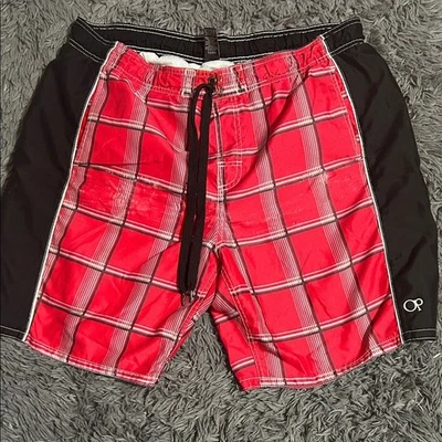 Pantalones cortos de tabla a cuadros negros y rojos OP para hombre - Bañador, XL Foto 1 de 4