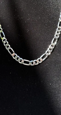 Solid 925 Sterling Silver Figaro Cuban Link Chain Necklace 7mm 19” 30.8g Rhodium - Image 1 of 4