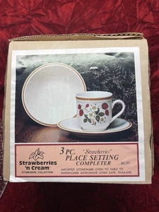 Vintage 3 Stck. Sheffield Erdbeeren N Creme 1 Becher, Sauce & Schüssel Steinzeug Japan Box - Bild 1 von 6
