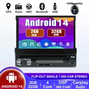 Universal 1 Din Flip-Out Single Android 14.0 GPS Car Stereo CD/DVD Player HD DAB - Picture 1 of 17