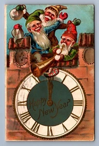 Postcard Vtg Happy New Year Gnomes Clock Holiday Celebrate 1908 - Bild 1 von 2