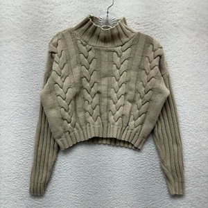 90s Vintage Turtleneck Mock Neck Cropped Sweater XL Womens Tan Beige Chunky Knit - Picture 1 of 7