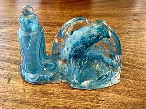 A Lovely Blue & Clear Lighthouse & Wave Glass Paperweight/Ornament(ref M) - Picture 1 of 5