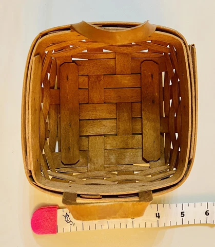 LONGABERGER 1990 Basket signed - 2 Leather Handles About 5x5 Square Vintage Cute Cover