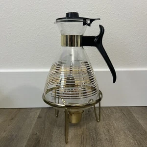 Pyrex Vintage MCM Glass Coffee Pot Carafe Gold W Stand Warmer Pitcher Art Deco - Picture 1 of 6