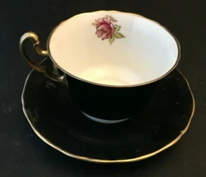 Adderly Pink Blossom Floral Black Gold Bone China Tea Cup Saucer England - Picture 1 of 2