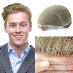 Toupee For Men French Lace Human Hair Replecement System Natural Hairpiece Blond - Picture 1 of 31