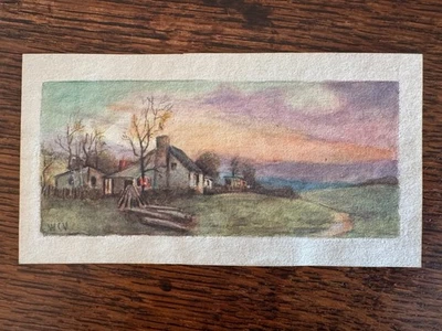 Vintage 1920s Watercolor Landscape Painting Country Farm Road WC Vincent 3 x 5.5 - Image 1 of 4