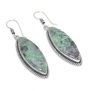 Natural Ruby Zoisite Gemstone 925 Starling Silver Jewelry Earring Size 2.25" - Picture 1 of 1