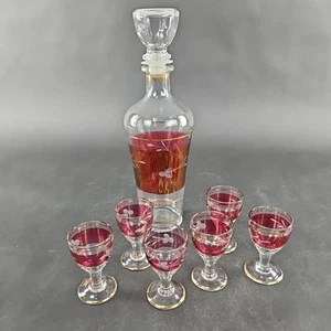 Vintage  Clear Glass Red Etched Flower Decanter wStopper  6 Cordial Glasses - Picture 1 of 11