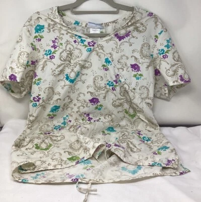 SB Scrubs M Medium Scrub Top Paisley Design Pattern Neutral Blue Green Purple RN - Image 1 of 4