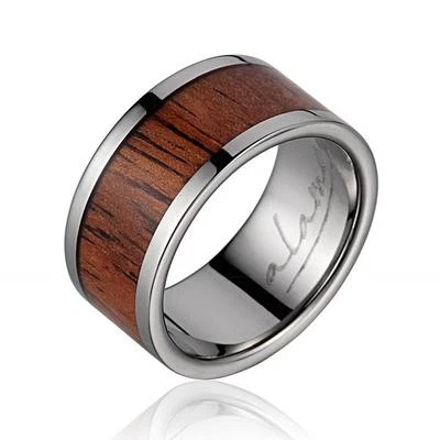 ANILLO DE BODA DE MADERA KOA HAWAIANO CON INCRUSTACIÓN GENUINA TITANIO 10 MM TAMAÑO 5-14 Foto 1 de 2
