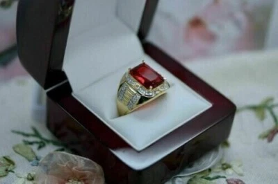 Lab-Created Ruby 3CT Emerald Men's Art Deco Ring 14k Yellow Gold Silver Plated - Image 1 of 4