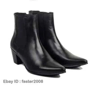 British Dress Shoes Mens Real Leather Pointy Toe Cuban Heel Chelsea Ankle Boots - Picture 1 of 7
