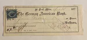 Cheque Vintage 1878 ~ Banco Alemán Americano ~ St. Paul Minnesota Sin Estampillada sin usar - Imagen 1 de 3
