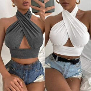 Women Top Cross Wrap Over Halterneck Sleeveless Ladies Crop Top Open Back - Picture 1 of 15