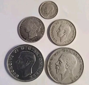 ANTIQUE BRITISH SILVER COINS HALF CROWNS SHILLINGS 1941-1926-1928 3 PENCE - Picture 1 of 8