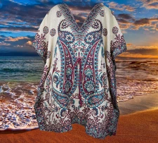 Womens Short Summer Kaftan Hippy Gpsy,Beach White Blue Hippie Caftan dress L-2XL