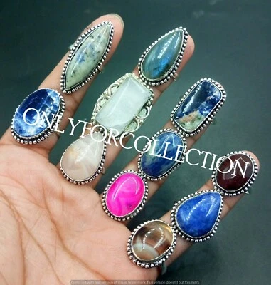 Lote de anéis folheados a prata esterlina 925 com pedras preciosas folheadas a sodalita e mistura oferta por atacado - Imagem 1 de 2