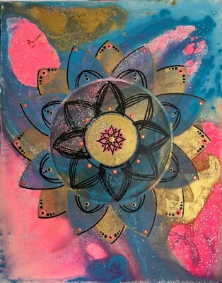 Original Kayla Braden “Antiquity” Pink Acrylic Fluid Mandala Painting on Canvas - Image 1 of 4