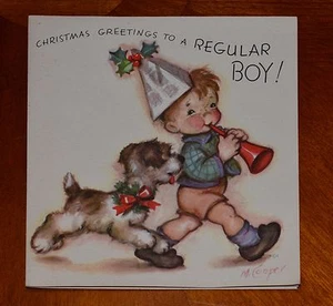 UNUSED 1946 Vintage MARJORIE COOPER RUST CRAFT CHRISTMAS CARD BOY PUPPY DOG HORN - Picture 1 of 4