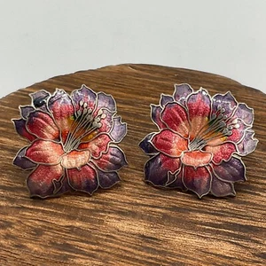 Ohrringe Cloisonne Ohrstecker Blume silberfarben 80er Vintage Schmuck rosa lila Flora - Bild 1 von 6