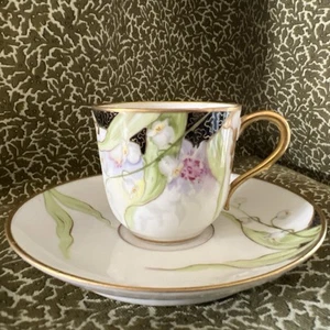 Vecchia tazza e piattino Demitasse floreale orchidea Abbazia Limoges antico dipinto a mano - Foto 1 di 14