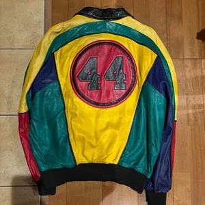 Used Vintage North Beach Leather Jacket Size 44 Yellow Green Multicolor Rare Men - Picture 1 of 7
