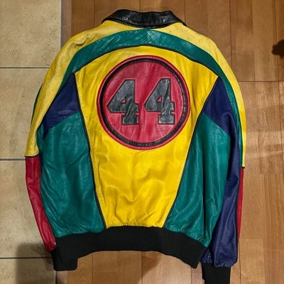 Used Vintage North Beach Leather Jacket Size 44 Yellow Green Multicolor Rare Men - Image 1 of 4