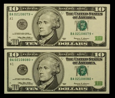 FR 2034-A* $10 1999 FR Notes US - 2 Consecutive Star Notes - AU++ - SKU-CA1913 - Image 1 of 2