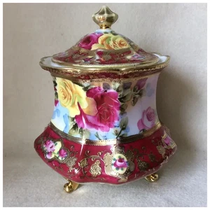 Antique Hand Painted Nippon Porcelain Biscuit Barrel with Roses, Cookie Jar - Picture 1 of 10