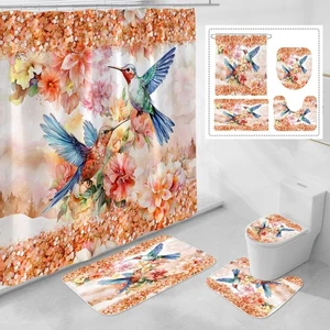 4 Pcs Orange Hummingbird Flower Shower Curtain Sets with Rugs for Bathroom De... - Picture 1 of 6
