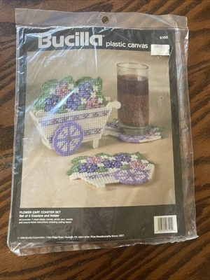 Vintage 1993 Bucilla Plastic Canvas #6100 Flower Cart Coasters Set Of 5 - Image 1 of 4
