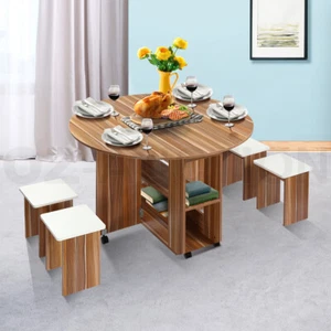 Dining Table and 4 Chairs Set Wooden Folding Round Kitchen Table with Wheels Oak - Picture 1 of 12