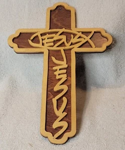 Jesus und Fisch Holz Dekupiersäge Kreuz 10 1/2" - Bild 1 von 3