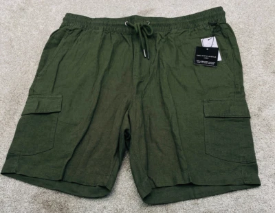 全新带标签 Saks Fifth Avenue 工装短裤男式大号橄榄绿色亚麻混纺全新 6548 — 第 1/4 张图片