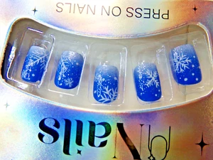 Beautiful Nails Blue Winter with White Snowflakes GLUE ON Short Square Shape - Picture 1 of 2