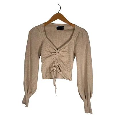 ASOS DESIGN Feminino Tamanho S Aveia Boho Crop Knit Ruched Princess Mistura de Viscose - Imagem 1 de 4