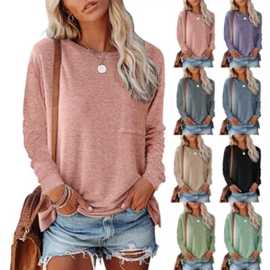 Womens Ladies Split Long Sleeve Pullover Casual Loose Tee Shirts Tops Blouse UK - Picture 1 of 38