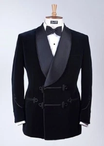 Men's Black Velvet Smoking Jacket Elegant Party Wear Evening Dinner Blazer Coats - Picture 1 of 3