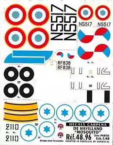 decals decalcomanie pour avion 1/48 - De Havilland "Mosquito" - Foto 1 di 1