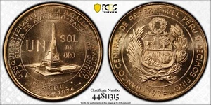 Peru 1976 Gold 1 Sol PCGS MS67 Battle of Ayacucho **TOP POP** - Picture 1 of 3