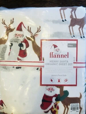 Pottery Barn Kids Merry Santa Full Sheet Set Christmas Organic COTTON Flannel - Image 1 of 4
