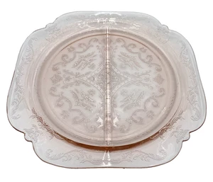 Vtg. (30s) Federal Glass Divided Plate, Madrid Pattern, Light Pink, Square MINT - Picture 1 of 8
